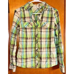 Cato Womens Button Down Shirt Green Blue Plaid 100% Cotton Small